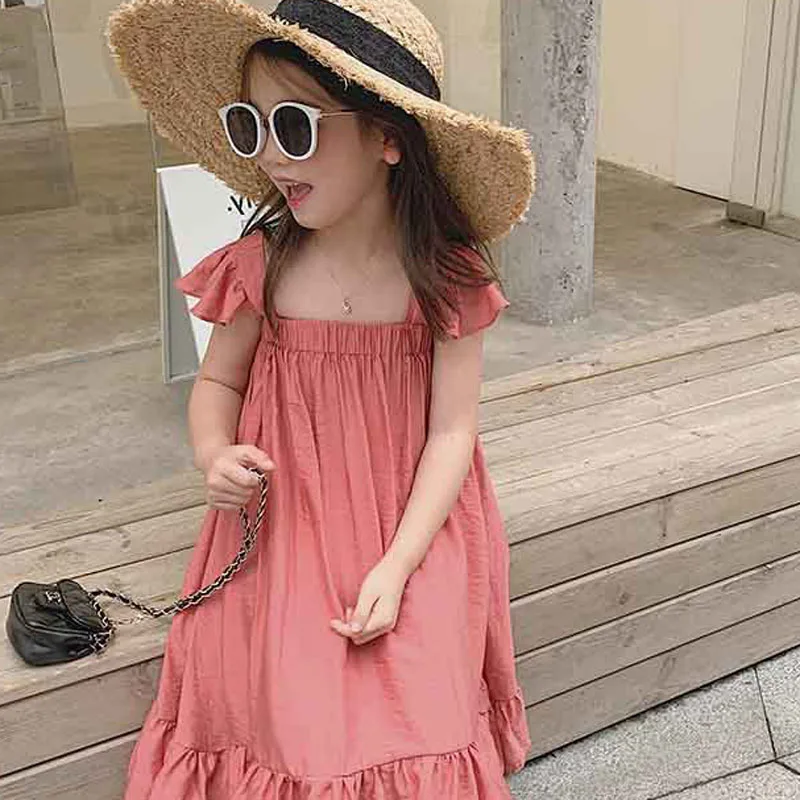 Summer Girls Dress Holiday Style Casual Comfortable Loose Sweet Sweet Flying Sleeve Dress Baby Kids Clothes Children'S Clothing