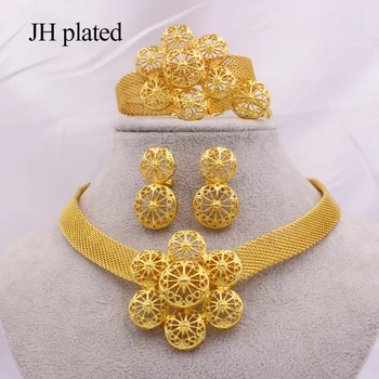 

Gold color Jewelry sets for women African bridal wedding gifts party Necklace Bracelet earrings ring set Saudi Arabia jewellery