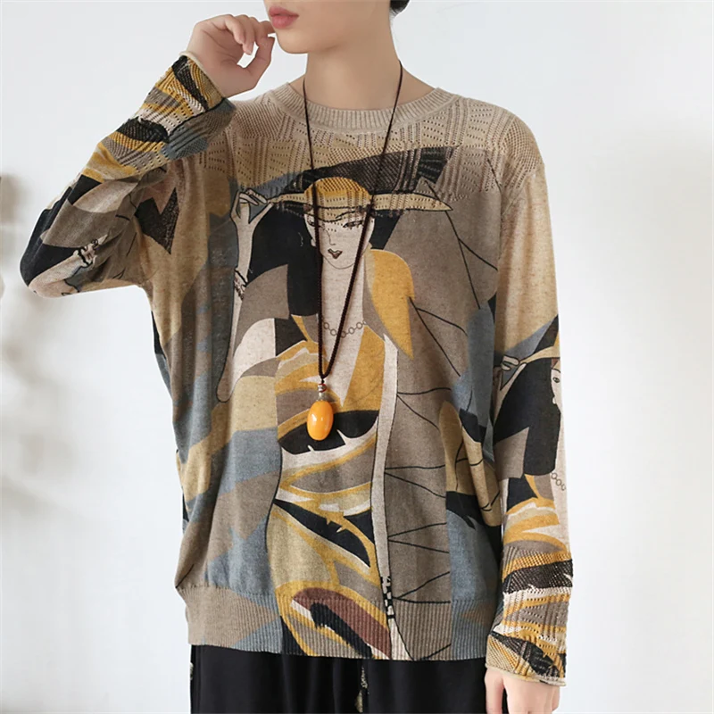 Johnature Women Print Floral Pullover Sweaters Knitted Cotton Bat Sleeve 2019 Autumn Soft Vintage Cloths Casual | Женская одежда