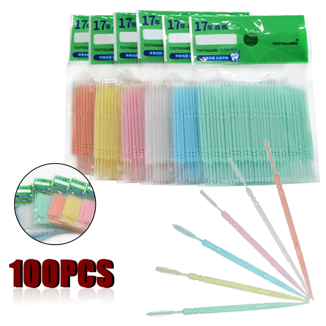 

100pcs/Box Dental Flosser Tooth brush ToothPicks Teeth Oral Hygiene Cleaner Stick Flosser Double-headed Interdental Brush