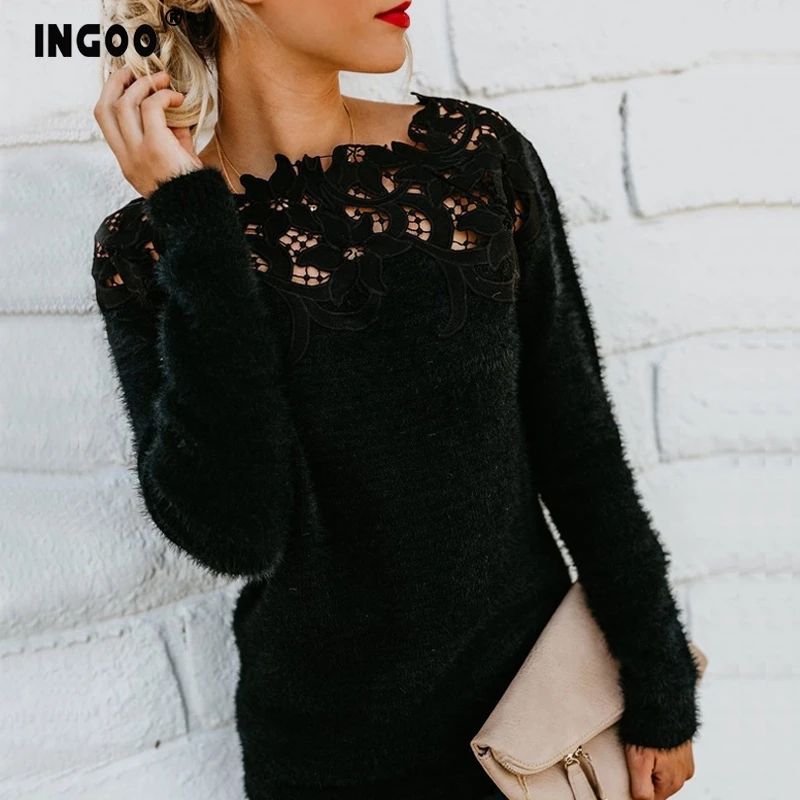 

INGOO Autumn Lace Patchwork Sexy Wool Women Sweater 2019 Long Sleeve O Neck Casual Elegant Jumper Splice Black Pullover Sweaters