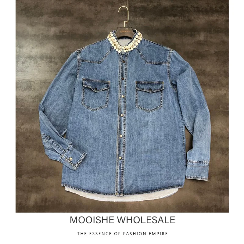 

2019 Autumn New Heavy Work Beaded Stand Collar Single-breasted Shirt-style Denim Short Coat Shirt