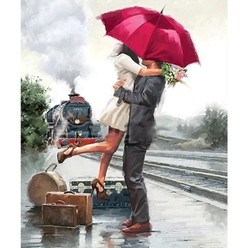 

Full Round Drill Cross Stitch Home Decor Diamond Couple Umbrella Picture Train Embroidery Painting Gift Handmade Wall Sticker