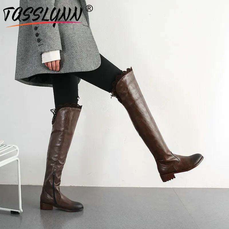 

TASSLYNN 2019 PU Slim Boots Lace-Up Riding, Equestrian Round Toe Over-the-Knee Winter Boots Women Square Heels Black Boots 34-43