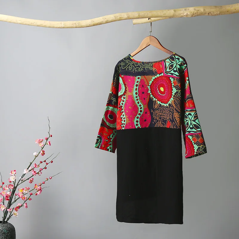 Женское льняное Хлопковое платье 3XL 4XL 5XL размера плюс, винтажное платье с принтом, v-образный вырез, половина рукава, неровный разрез, ретро платье