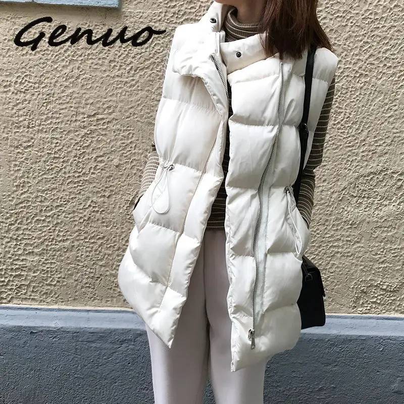 Genuo, зимний жилет, Chalecos Para Mujer, зимняя куртка, женские длинные жилеты, корейский воротник-стойка, хлопковый жилет, жилет для женщин