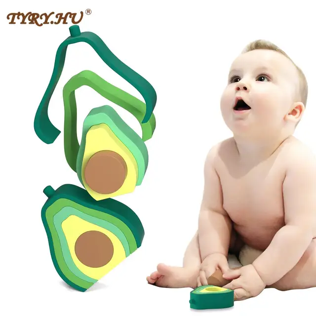 TYRY.HU 5pcs Avocado Stacking Block Silicone Teether Soft Building Blocks BPA Free 3D Folding Early Educational Kids Gifts Toys 1
