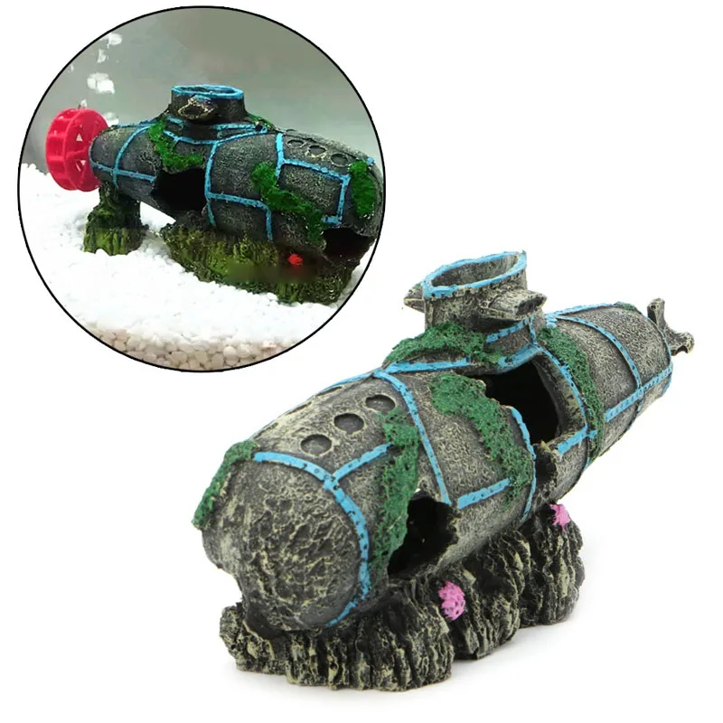 Aquarium Fish Tank Ornament Sunken Submarine Hiding Cave Landscaping Decoration