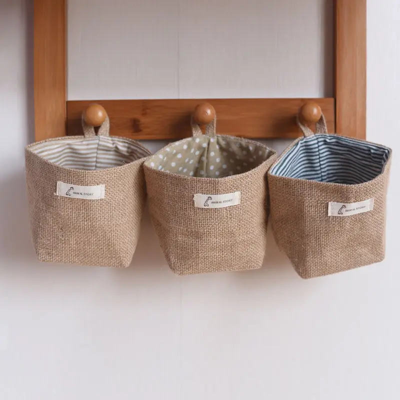 Description Picture 3 of itemHanging Storage Bag Fabric Jute Desktop Storage Bucket Home Office Organizer Flower Pot Small Sack Bathroom Kitchen Basket