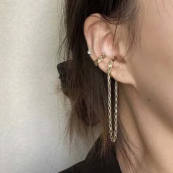 

Fashion Gold Color Double Twisted Circle Tassel Chain Earcuff Clip on Earrings Women Minimalist Fake Earrings Jewelry