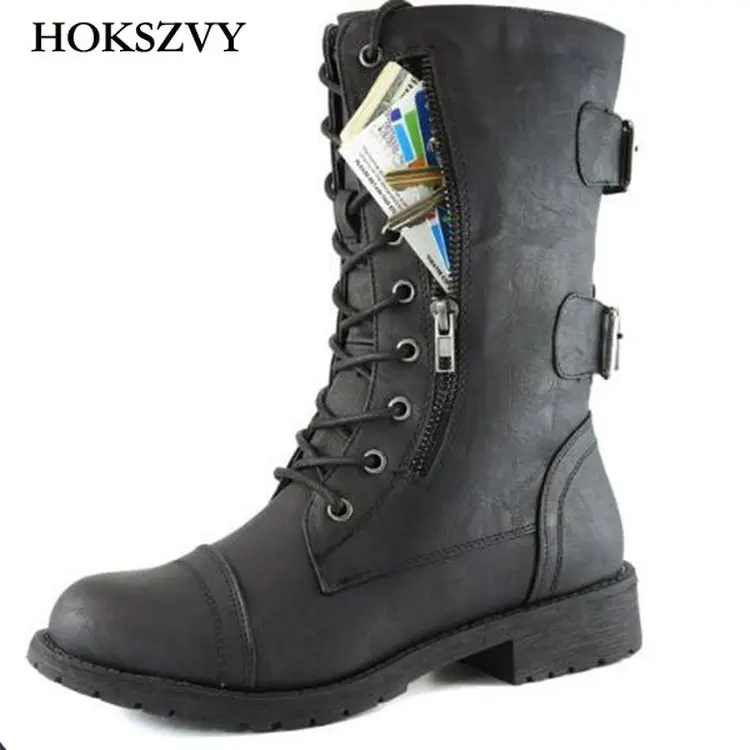 HOKSZVY/Новинка; сезон осень-зима; большие ботинки; женские ботильоны для женщин с пряжкой на ремешке и карманом на молнии; мартинсы; FTX-ZXW
