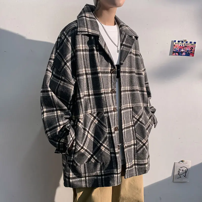 

New Autumn Plaid Jacket Korea Style Men's Fall Shoulder Loose Breasted Windbreaker Clothes Free Shipping