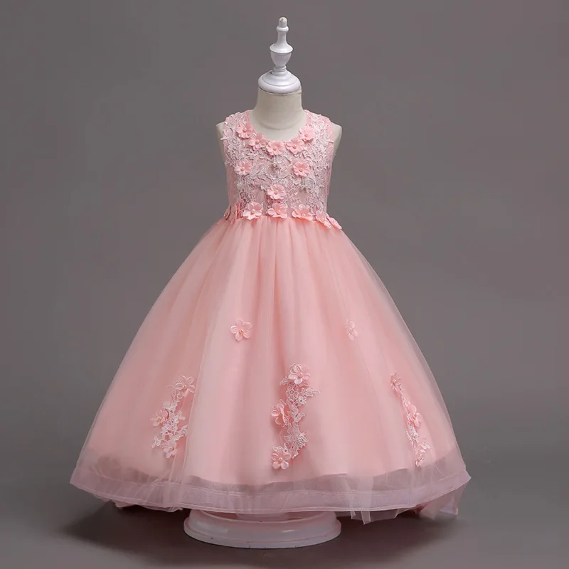 Коллекция года, зимнее Пышное Платье с шлейфом Детские платья для девочек, одежда для детей Вечерние Платья с цветочным рисунком для свадьбы платье принцессы - Цвет: Shrimp powder