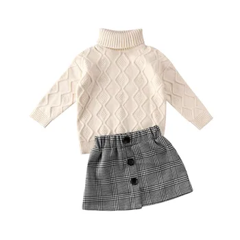 

pudcoco 2-7 Years Toddler Baby Girls Autumn Winter Clothes Set Turtleneck Knit Tops+Plaid Skirts Outfits Sweet Sweater 2 Pieces