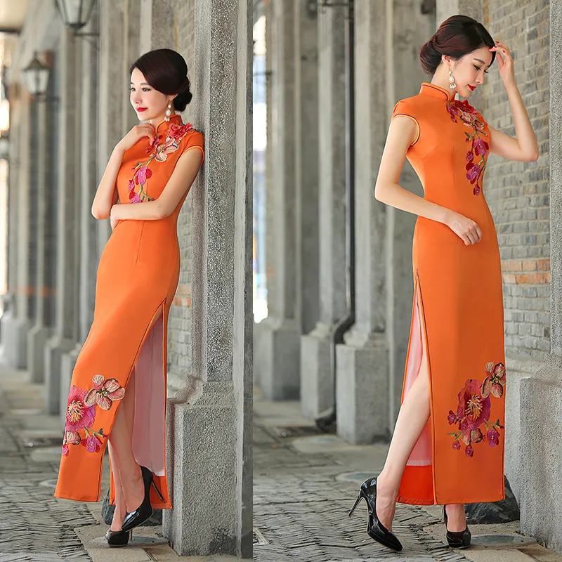 orange Женское элегантное вышитое длинное платье Cheongsam с коротким рукавом для свадебной вечеринки, Восточное Ретро женское платье Qipao, одежда официанта - Цвет: orange