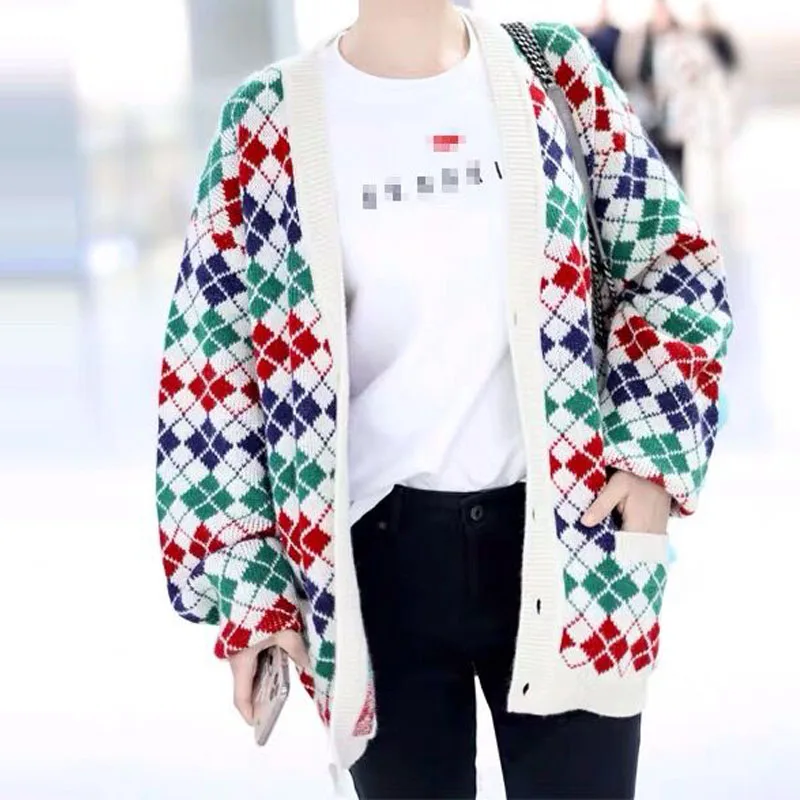 Plaid Sweater Women Colorful Christmas Cardigan Knitted Coat Winter Couple Wear Oversize Vintage Man Tops Clothing Jumper femme