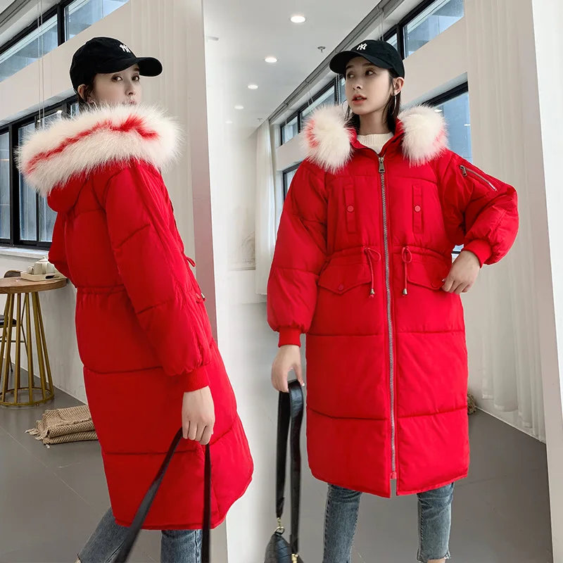 

Closing Cuff Large Pocket Drawstring Lace Slimming Hooded Large Fur Collar Thick Coat Winter Warm Mid-length