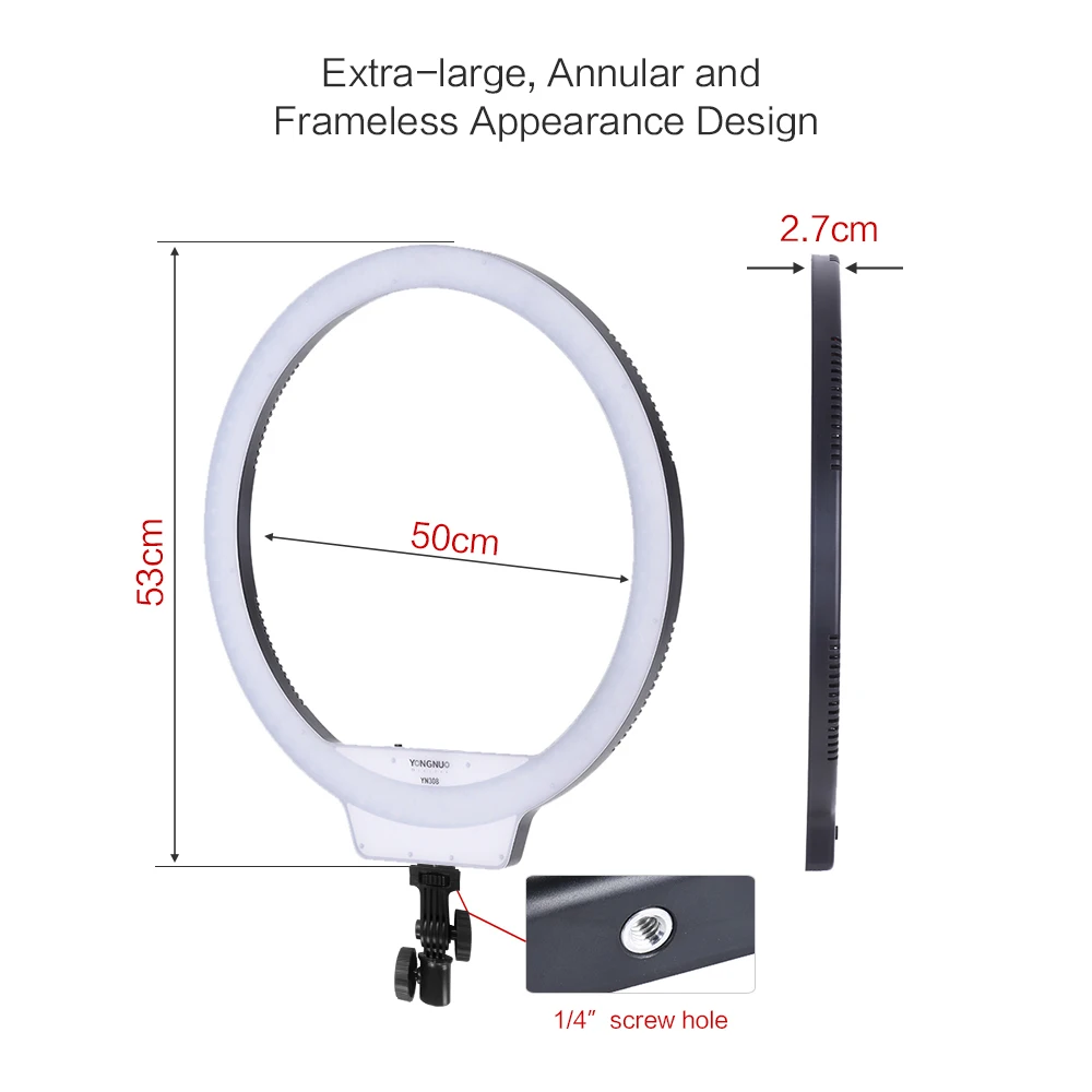 Yongnuo YN308 селфи кольцевой светильник 5500K цветовой температуры светодиодный видео светильник беспроводной пульт CRI95 круговой+ источник питания