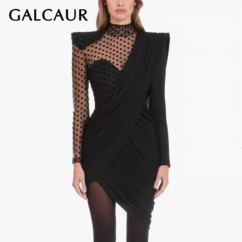GALCAUR винтажное асимметричное Сетчатое платье в горошек, женское платье со стоячим воротником, пышным длинным рукавом, завышенной талией и рюшами, новинка