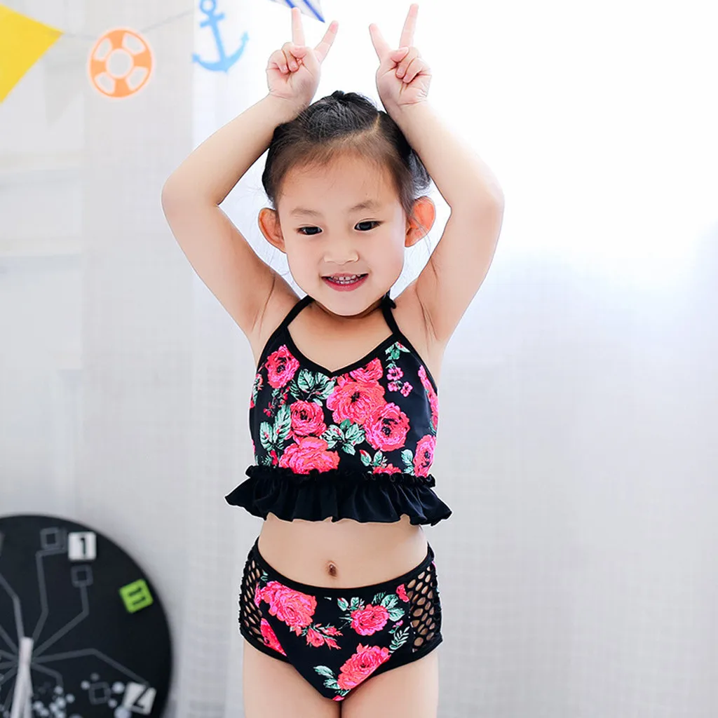 Zipper Print Stand Collar Hollow Out Bikini Toddler Kid Baby Girls