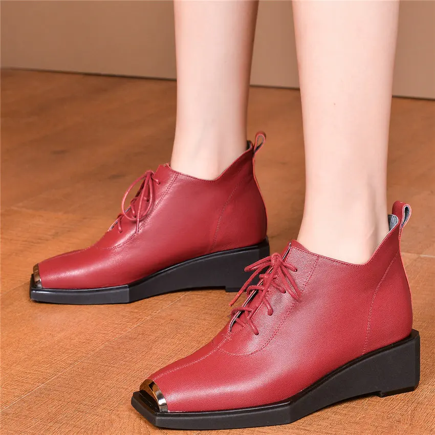 

Chic Shoes Womens Cow Leather High Heel Party Pumps Lace Up Square Toe Platform Booties Lady Office Oxfords Shoes Casual Shoes