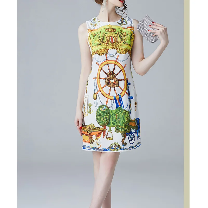 

Summer New Style Europe And America WOMEN'S Dress Crew Neck Tank Dress Industrial Beads Diamond Set Waist Hugging Fashion Floral