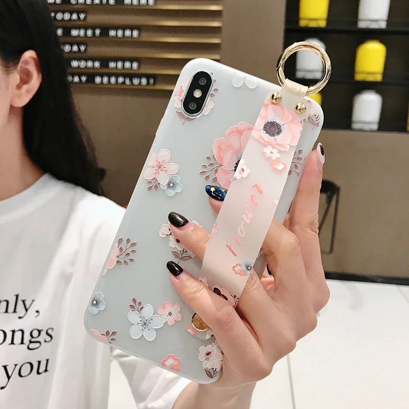 SoCouple Мягкий ТПУ чехол на запястье для iphone 7 8 6 6s plus 11 Pro Max X Xs max XR Рельефный цветочный Чехол-держатель для телефона - Цвет: IK21-21WDFlower