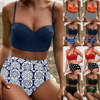 

2020 Sexy Womens Spaghetti Strap Vintage Floral Print High Waist Beachwear Bikinis Set Female Bikini Set Strap Padded Swimwear