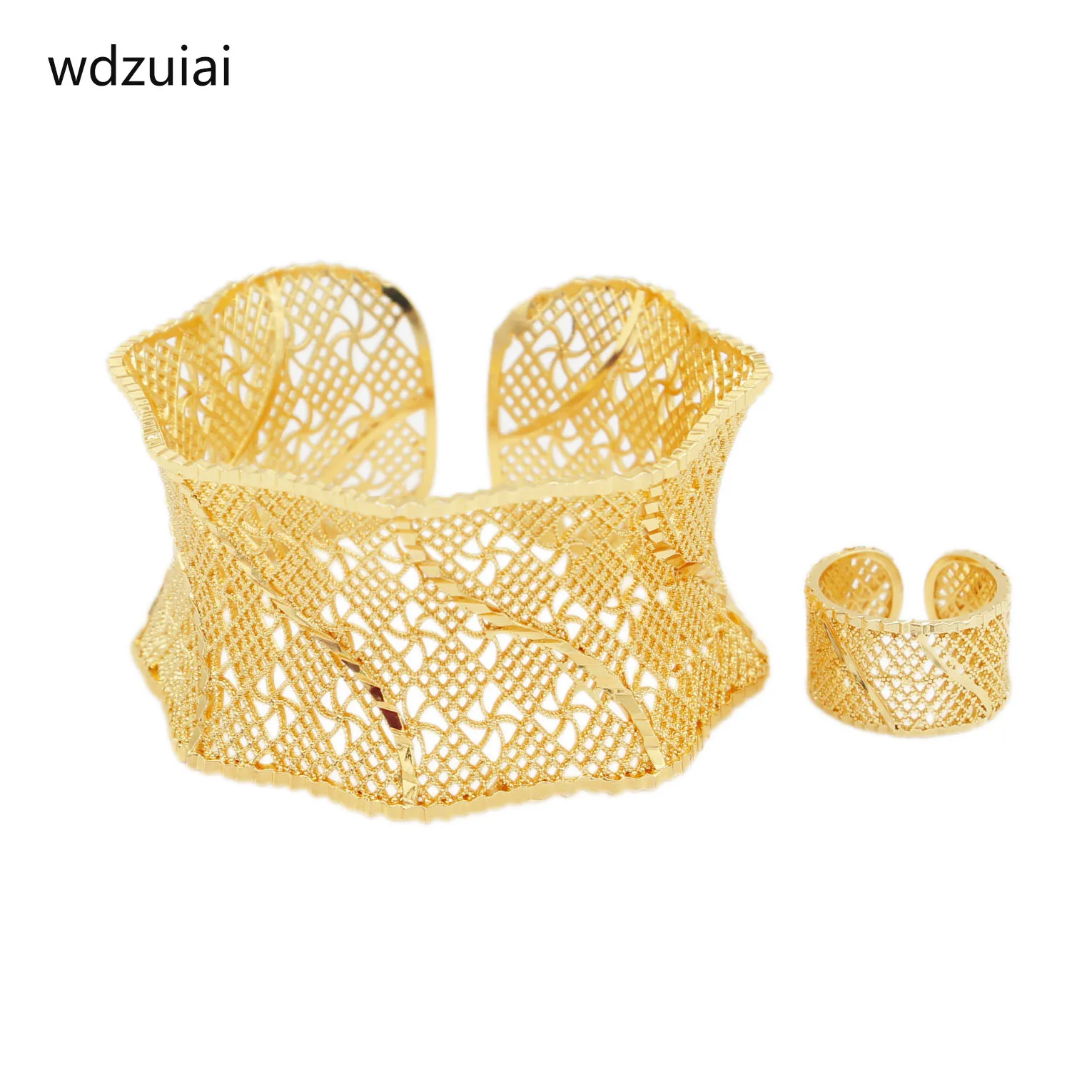 

wdzuiai High Quality Wave Shape Bangle Gold Color Cuff Bracelet&Ring Set French African Arab Women Bridal Wedding Jewelry Gifts