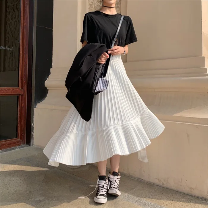 Spring and Summer New High Waist Women Skirt Irregular Skirts Female Fashion Elastic Waist Chiffon Skirt Female
