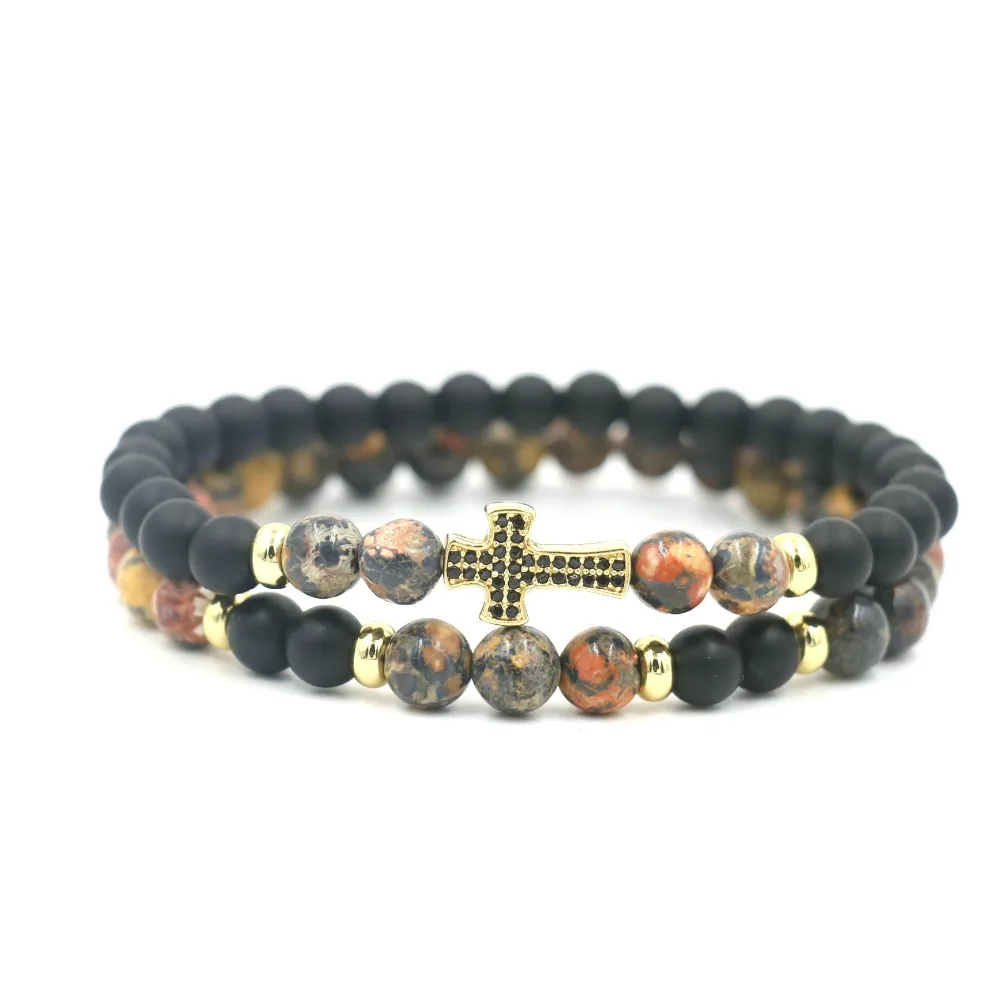 2Pcs/Set Natural Matte Stone 6 mm Beaded Strand Cross Bracelet For Men