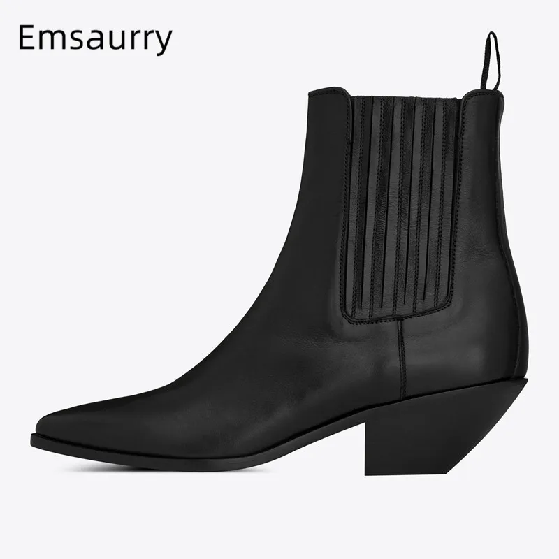 Concise Boots Women Black Genuine Leather Chelsea Botines Point Toe Slip On Decor Sewing Botas Winter New Ankle Boots Woman