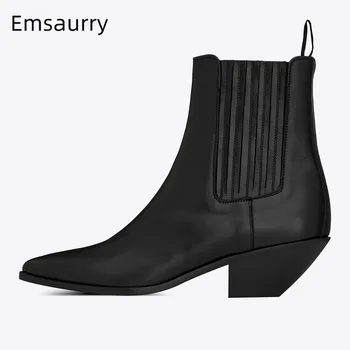 

Concise Boots Women Black Genuine Leather Chelsea Botines Point Toe Slip On Decor Sewing Botas 2020 Winter New Ankle Boots Woman