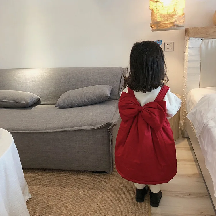 

Winter cute girls quilted fleece lining big bowknot princess dresses children warm sleeveless pinafore dress