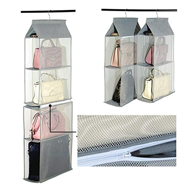 

Detachable 6 Compartment Organizer Pouch Hanging Handbag Organizer Clear Purse Bag Collection Storage Holder Wardrobe Closet S