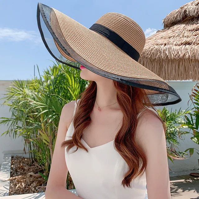 S09 Straw hat Summer New Style Black Mesh Female Summer Sunscreen Cover Seaside Vacation Holiday Foldable Beach Hat Sun Visor 2