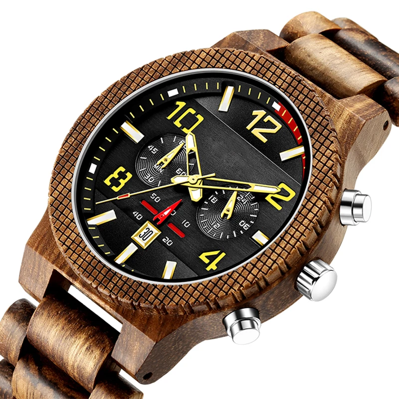 Fashion Wooden Watch Men Quartz Chronograph Date 6 Pin Wrist Watches Full Wood Clock Multi-function Dial Male reloj de madera | Наручные