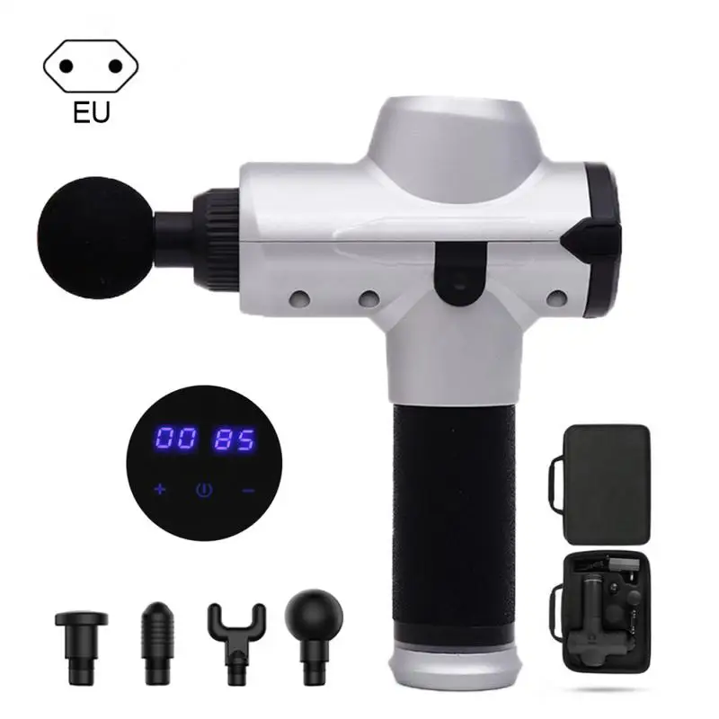 silver EU Plug Массажный пистолет, перкуссионный Массажер для мышц, вибрирующий, расслабляющий, как гипервольт, 4 цвета, глубокий массажер для мышц, оборудование для фитнеса - Цвет: silver EU Plug