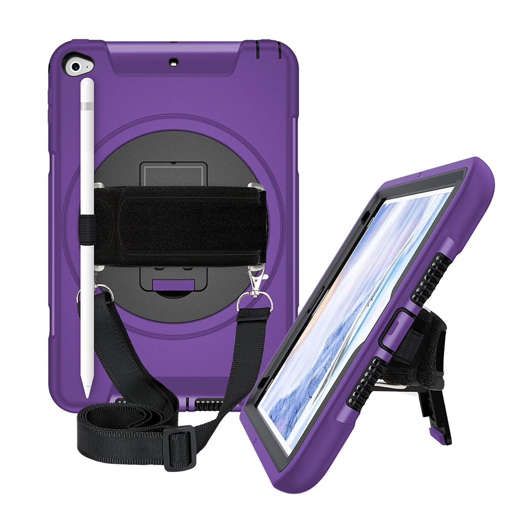 

For iPad Mini 4 5 Case with Pen Holder Protective Cover with 360° Rotation Stand+Shoulder Hand Strap for iPad Mini5 2019 FTL02