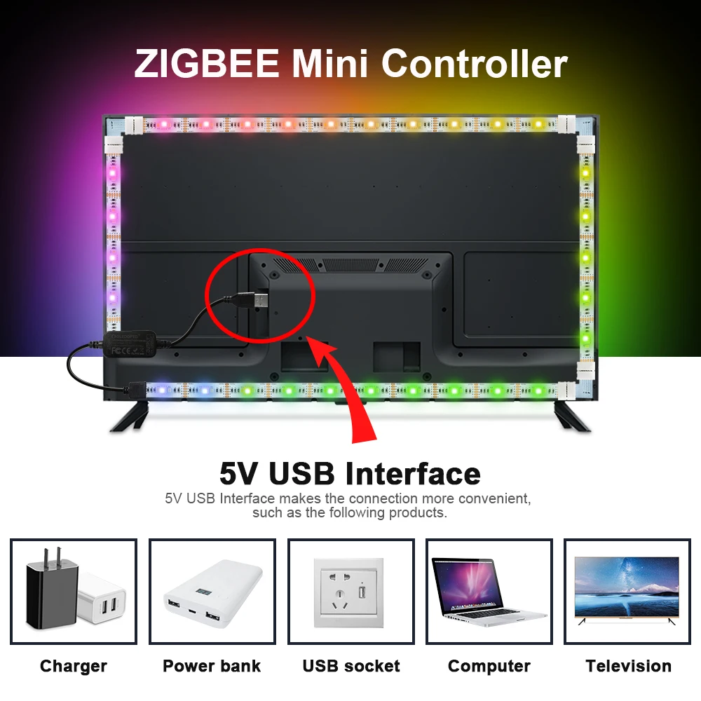 ZigBee led rgbcct мини контроллер Смарт ТВ полосы света 5 в Usb контроллер от Alexa Echo plus Голосовое управление zigbee концентратор smartthings