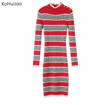 

KoHuiJoo Women Knit Sweater Dress Fashion O Neck Long Sleeve Patchwork Bodycon Dress Lady Runway Knitted Dresses Fashion Style