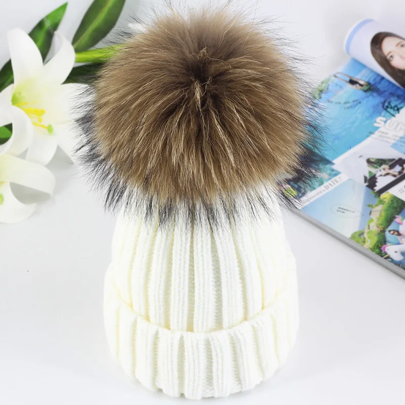 Winter Brand Female Fur Pom Poms hat Winter Hat For Women Girl 's Hat Knitted Beanies Cap Hat Thick Women Skullies Beanies - Цвет: White