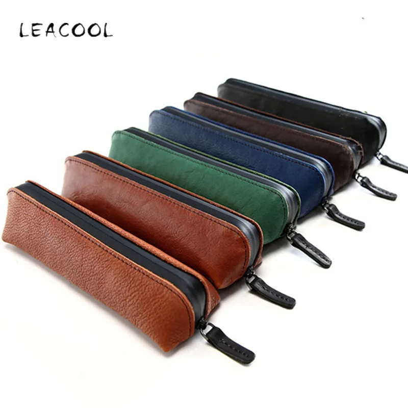 

Genuine Leather School Pencil Case Vintage Pen Box for Girls Boys Pencil case Long Zipper Penal Card Holder Stationery Kit