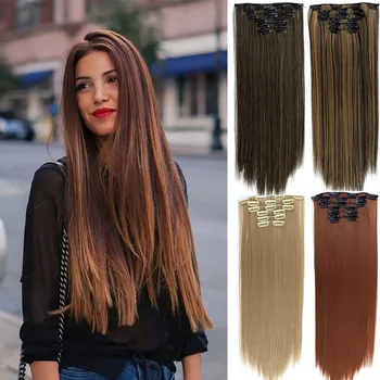 

DIANQI 6 pçs/set 22 "16 Clipes Em Falso Estilo Peruca 140g Reta Cabelo Grampo Em Extensões Do Cabelo Sintético Resistente Ao