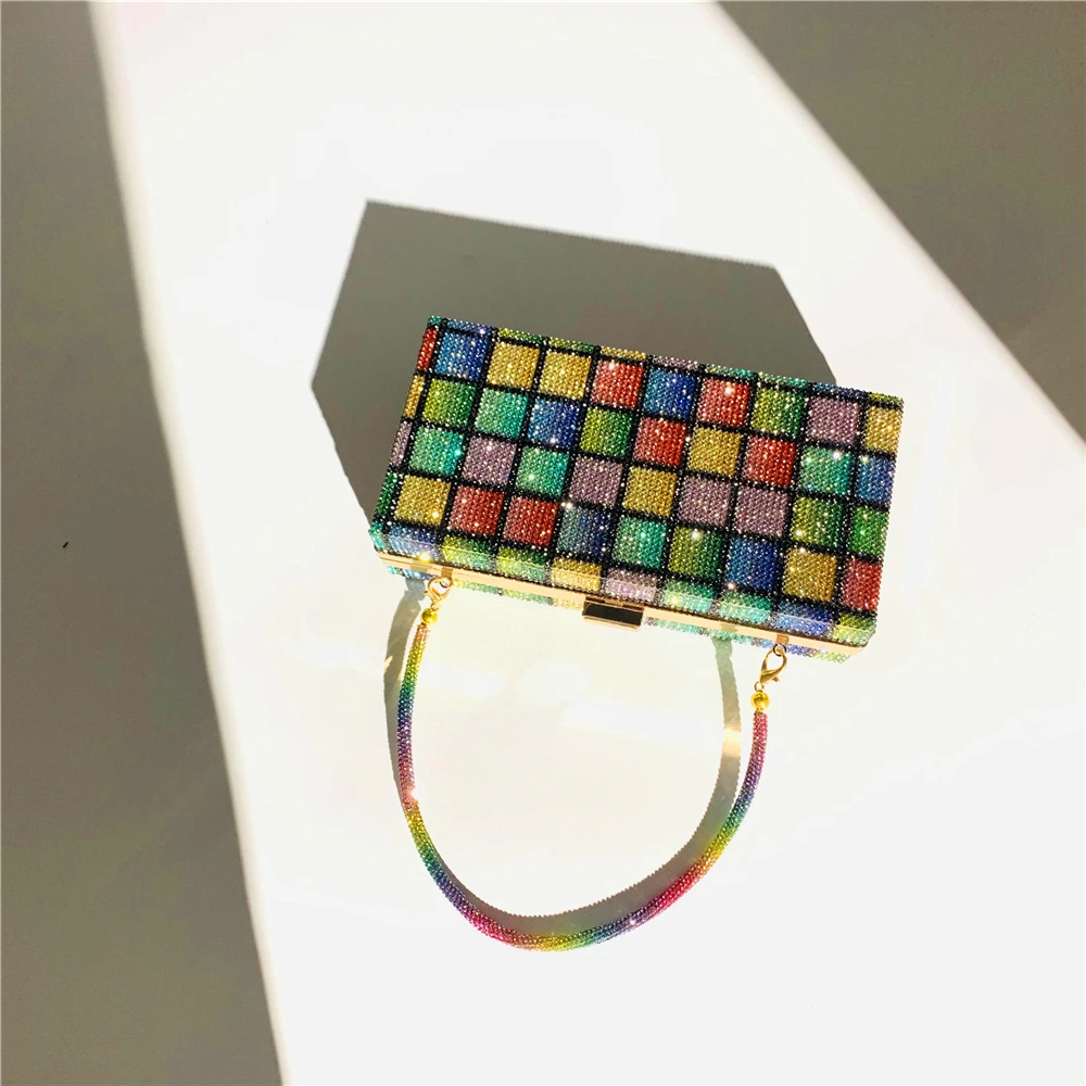 Front View of Square Color Block Luxy Moon Rectangular Rainbow Evening Bag with Handle