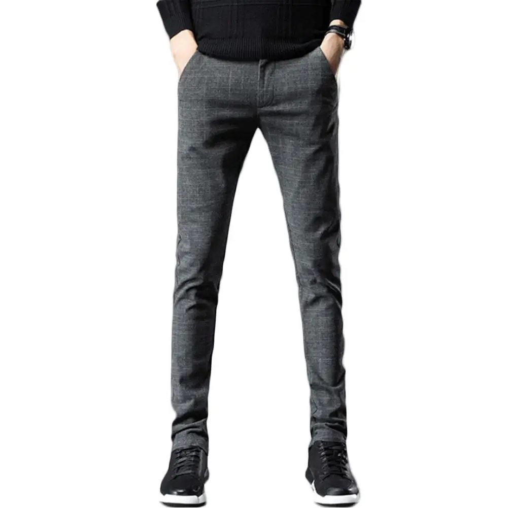 

Men Fashion Solid Color Stretchy Stripe Pocket Slim Fit Straight Pants Trousers