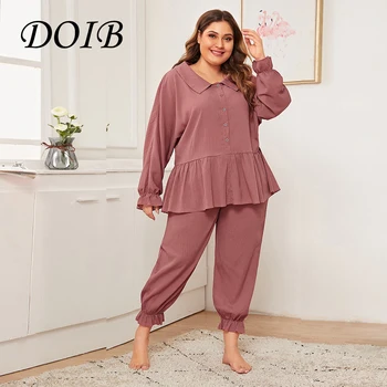 

DOIB Women Pajamas Set Ruffle Lantern Sleeve Homewear Two Pieces Suit Plus Size Nightwear Female Loose Casual Sleepwear