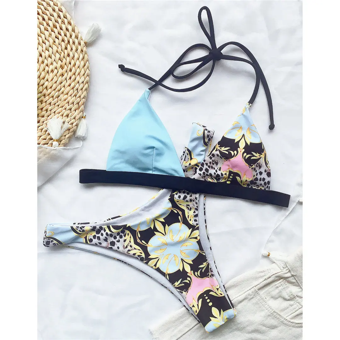New Splicing Printed Halter Bikini Female Swimsuit Women Swimwear Two-pieces Bikini set Mid Waist Bather Bathing Suit Swim V2453