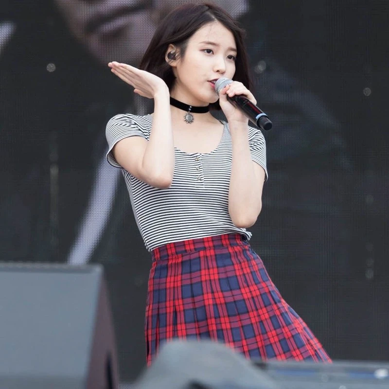 Korean Fashion Kpop Clothes Lee Ji Eun Iu Kawaii Two Piece Sets Women Harajuku Striped Tshirt And Plaid Skirt Streetwear Sets Women S Sets Aliexpress