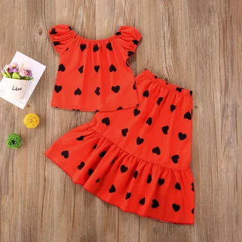 

1-6Y Summer Fashion Infant Baby Girls Clothes Sets Heart Print Ruffles Sleeve T Shirts Tops+A-Line Skirts